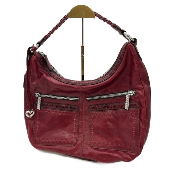 Y2K Brighton Large Red Leather Braided Handle Shoulder Bag Hobo Heart Charm - Picture 1 of 7